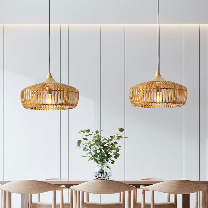 Natural wood pendant light with a Japandi aesthetic, offering warm, serene lighting for modern home interiors.
