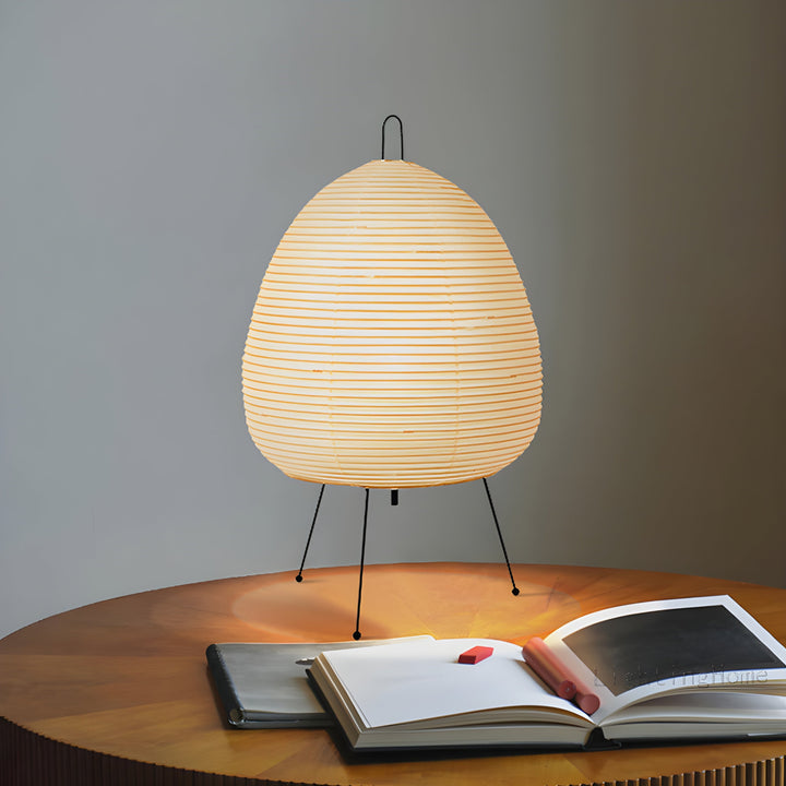 Japanese Wabi-Sabi rice paper table lamp; minimalist LED for ambient lighting, perfect zen home decor.