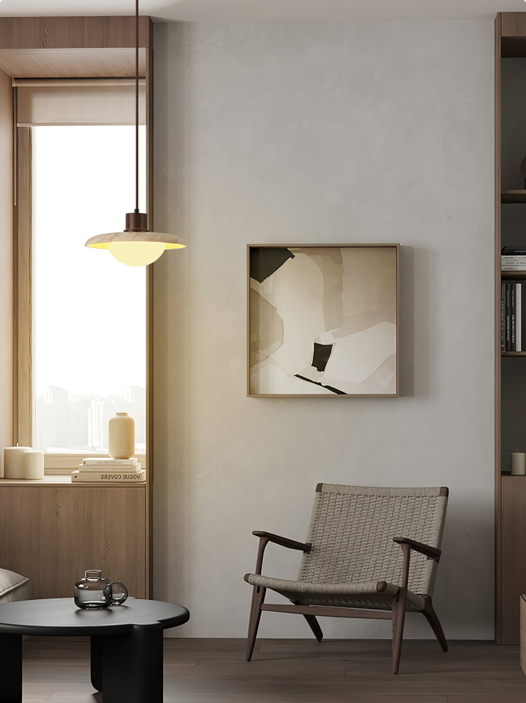 Accent lighting fixture, Jorford contemporary pendant lamp, enhances modern home interiors.