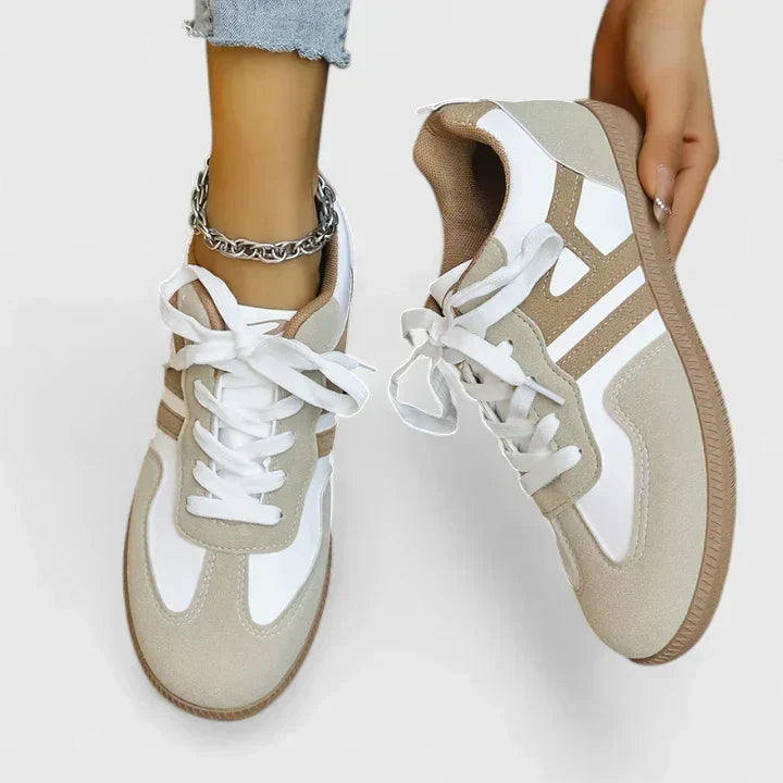 Khaki white women's orthopedic sneakers with arch support, designed for all-day comfort & pain relief while walking.