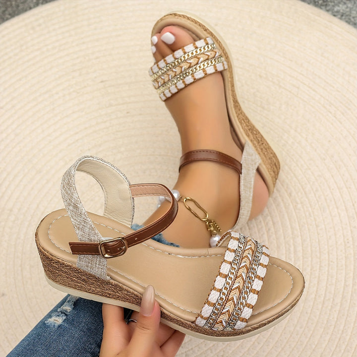 Orthopedic women's white wedge sandals, cushioned platform & closed toe design.