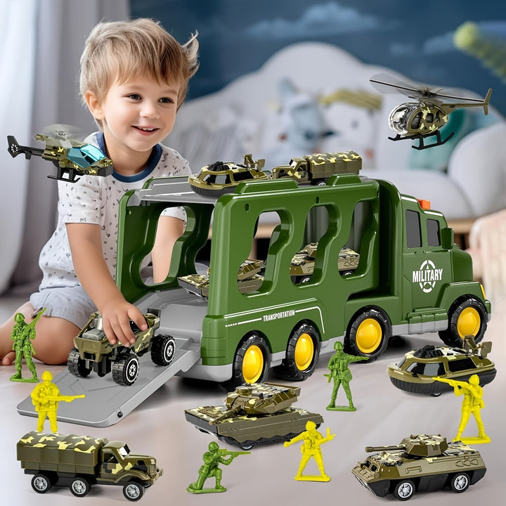 Kids' 14-in-1 ArmyForce military playset with toy truck, tanks, soldiers, sound & lights for imaginative play.
