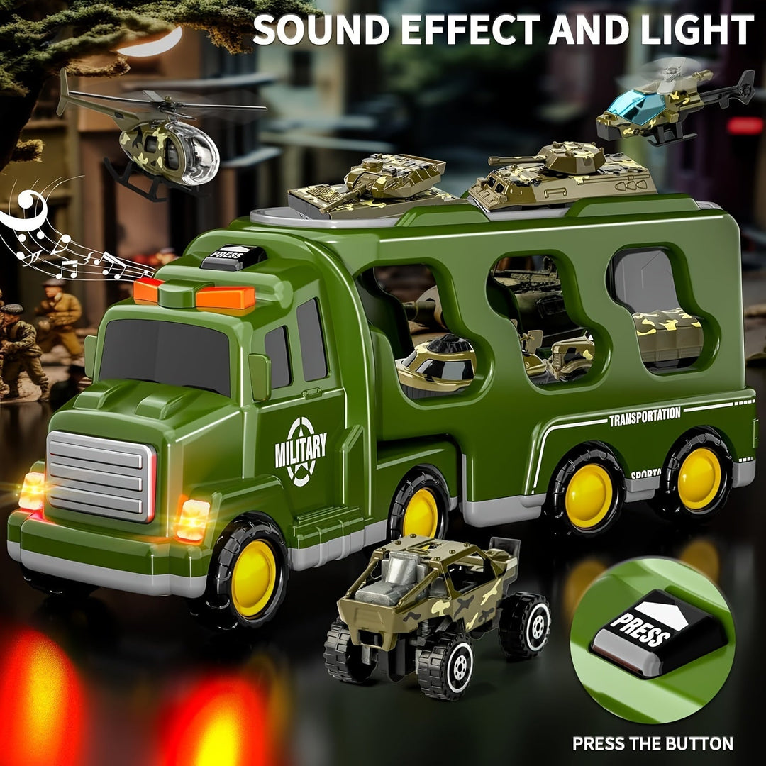 ArmyForce military toy truck playset, with realistic sound effects, flashing lights, tanks & soldiers for kids.