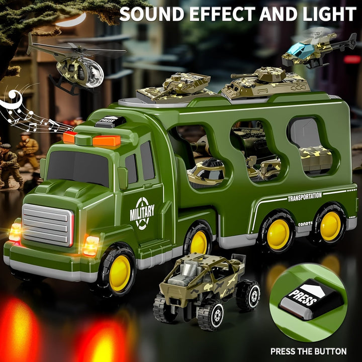 ArmyForce military toy truck playset, with realistic sound effects, flashing lights, tanks & soldiers for kids.