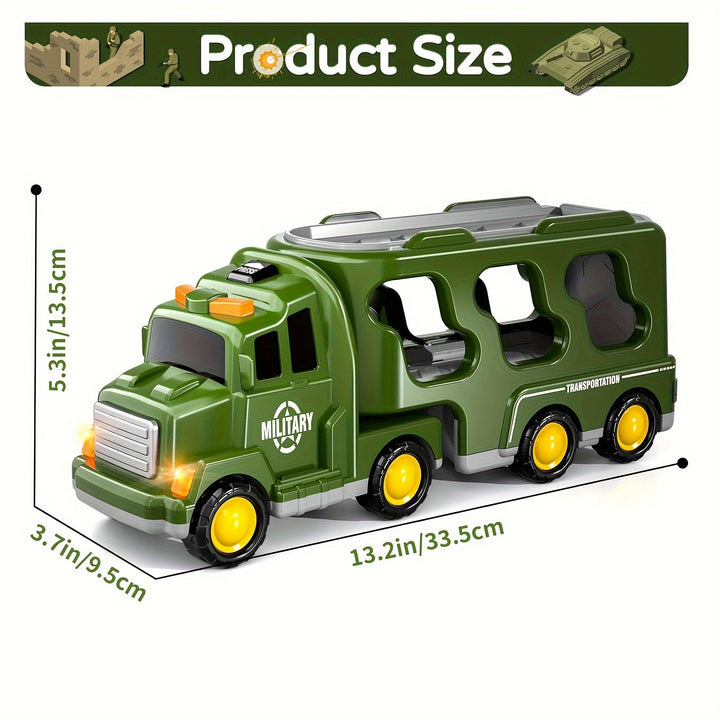Large military toy truck leading a convoy of army tanks & soldier action figures; a complete kids' military playset.