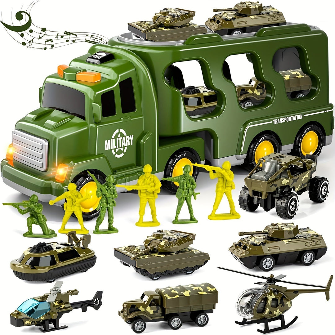 Detailed ArmyForce military playset showing toy tanks, army jeeps & soldiers ready for action. Includes lights & sounds.