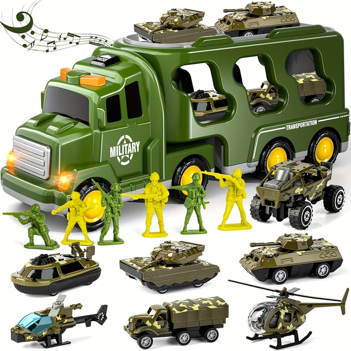 Detailed ArmyForce military playset showing toy tanks, army jeeps & soldiers ready for action. Includes lights & sounds.