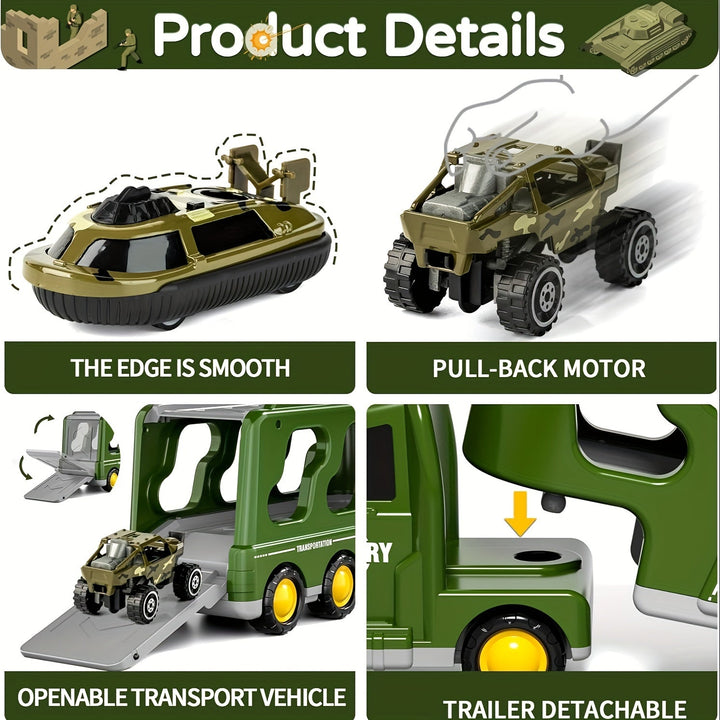 Full ArmyForce 14-in-1 military toy set, including a large transport truck, multiple vehicles, soldiers, sounds & lights.