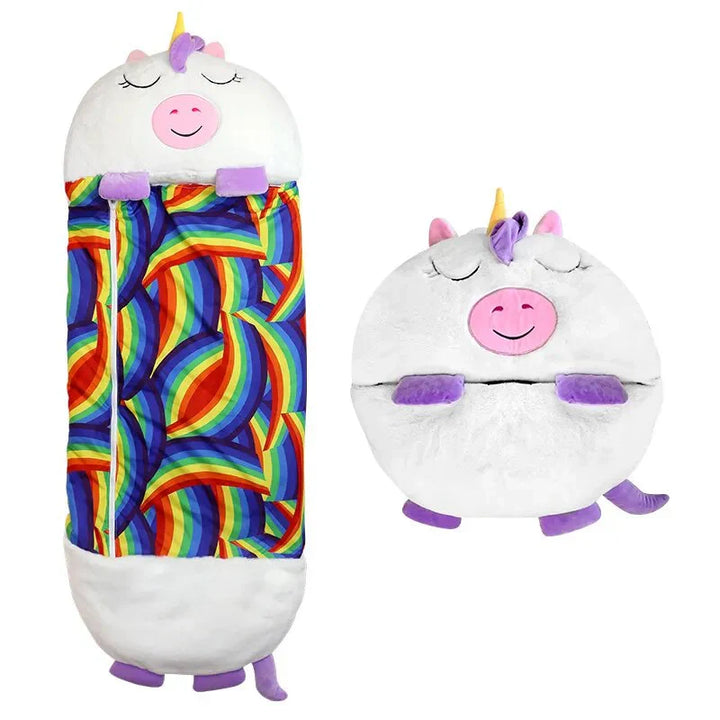 Cute unicorn sleeping bag and cuddle toy – an essential sleepover item for imaginative kids.