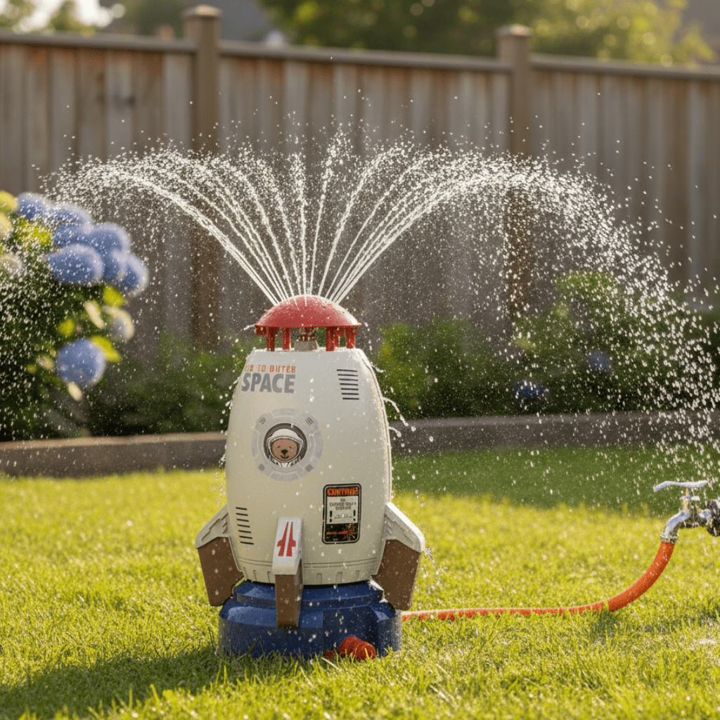 Kids' 360-degree rotating garden sprayer for outdoor water play. Perfect summer fun sprinkler toy.