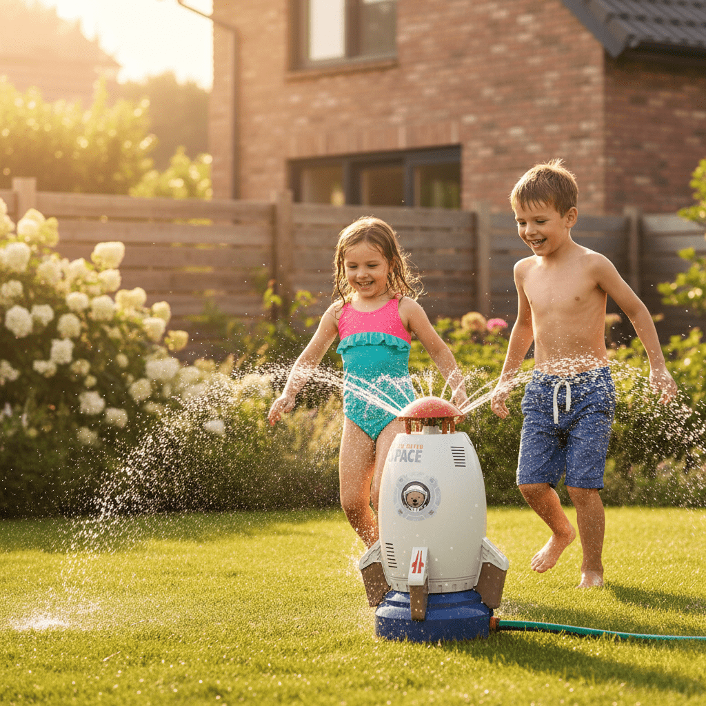 Children's backyard water play toy: a colorful 360-degree rotating sprinkler for active summer fun.