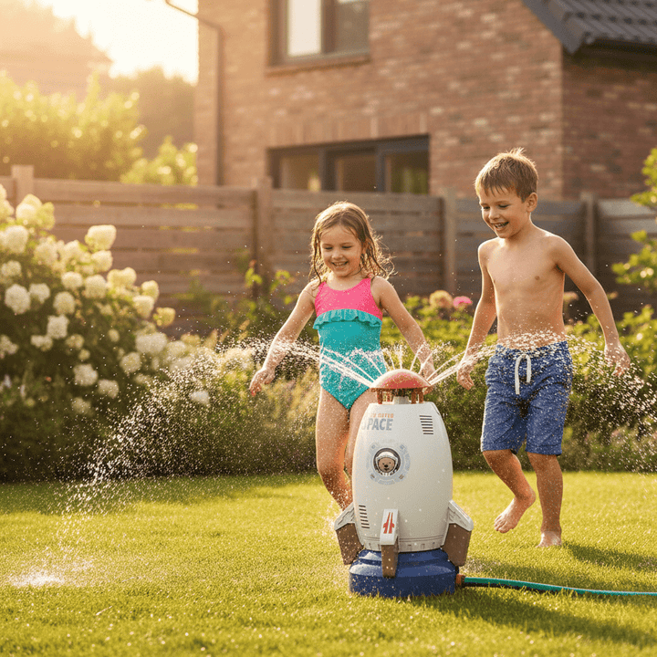 Children's backyard water play toy: a colorful 360-degree rotating sprinkler for active summer fun.