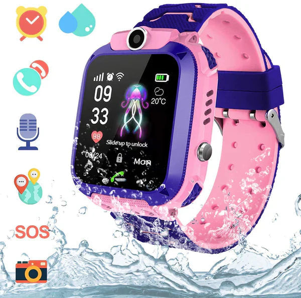 Child's 4G GPS tracker smartwatch on a wrist, displaying location, ensuring real-time safety & peace of mind.