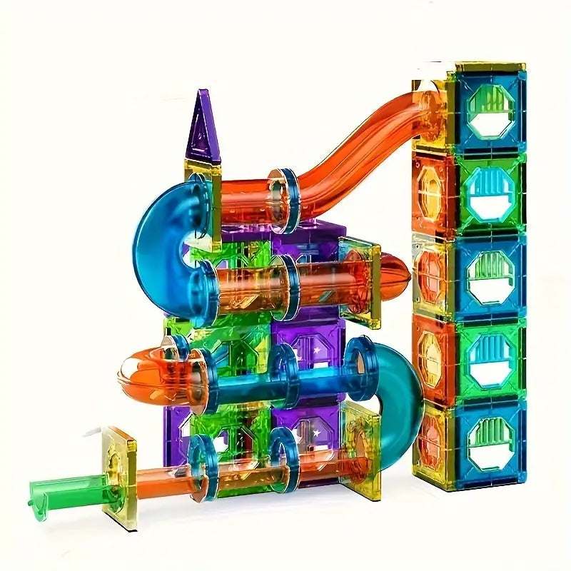 Kids' 69-piece magnetic building blocks set with LED lights for creative STEM construction and educational play.