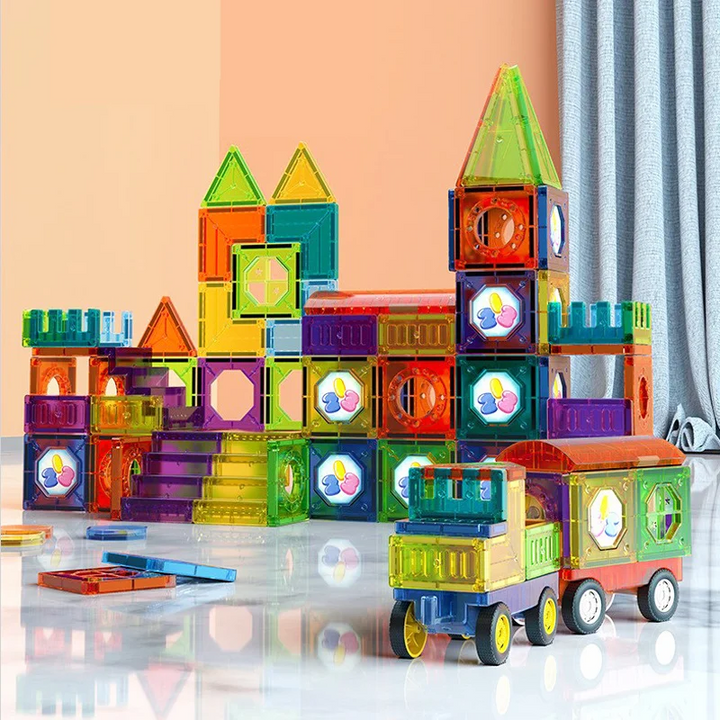 Colorful magnetic construction toy set for kids, featuring 69 pieces and LED lights for engaging STEM learning.
