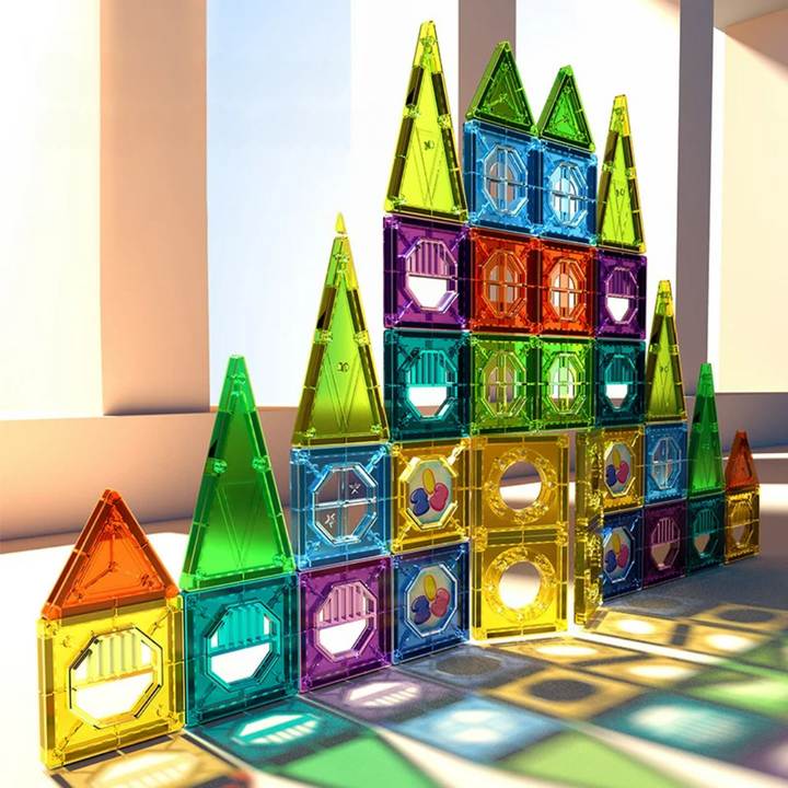 Children's 69-piece magnetic building blocks set with LED lights, perfect for creative construction and imaginative play.