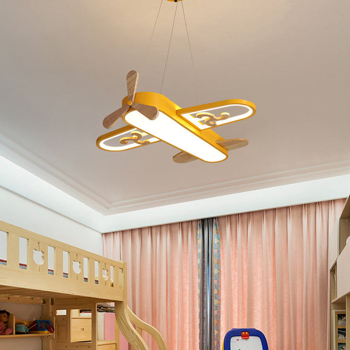 Kids' airplane LED ceiling light, dimmable pendant fixture for children's bedroom or nursery decor.