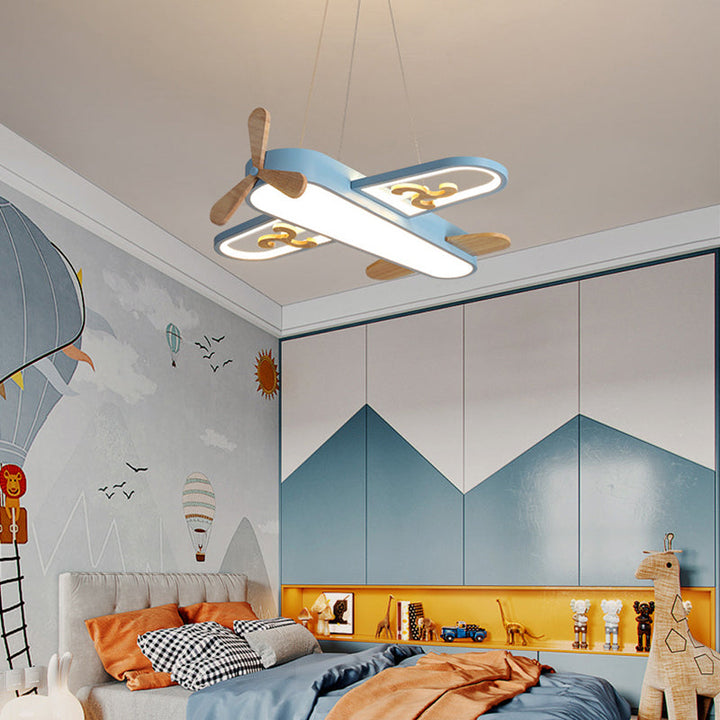 Whimsical airplane shape LED ceiling light, dimmable pendant fixture for childrens' bedroom lamps.