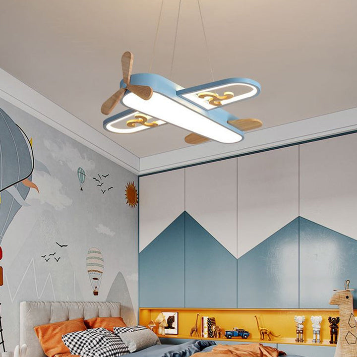 Blue & yellow airplane LED ceiling light, dimmable pendant lamp ideal for kids' room lighting.