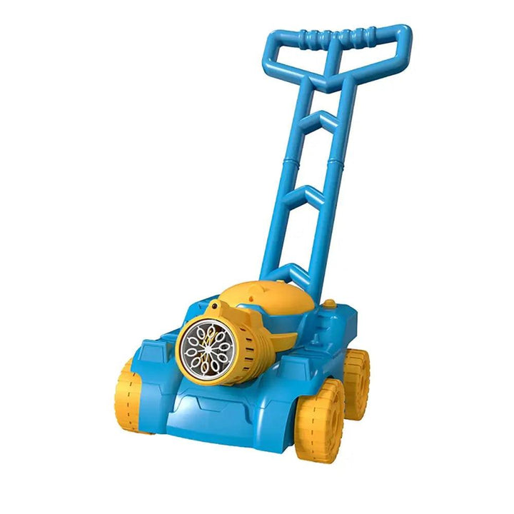 Front view of a happy child playing with a bubble machine cart toy featuring music and lights.