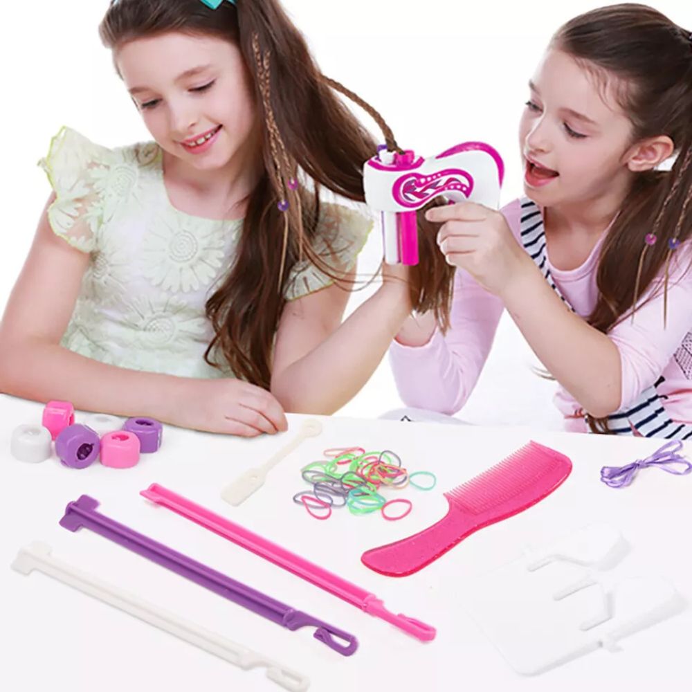 Close-up of the kids' automatic hair braider in use creating a braid