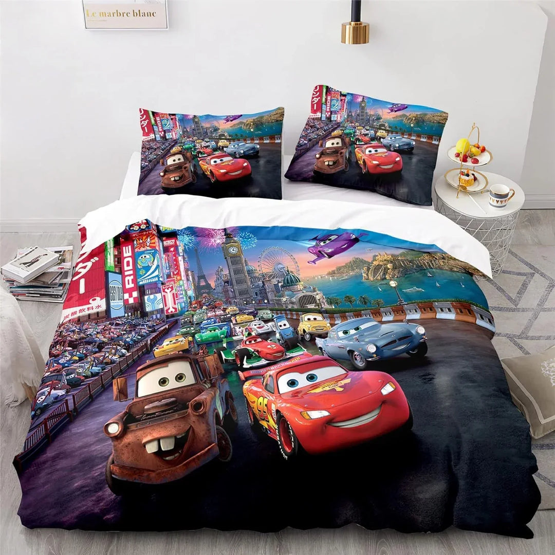 Kids' Cars Lightning McQueen bedding set with vibrant racing graphics.