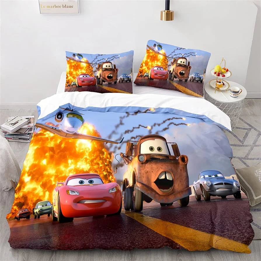 Close-up of the Cars Lightning McQueen duvet cover, showing detailed character art.