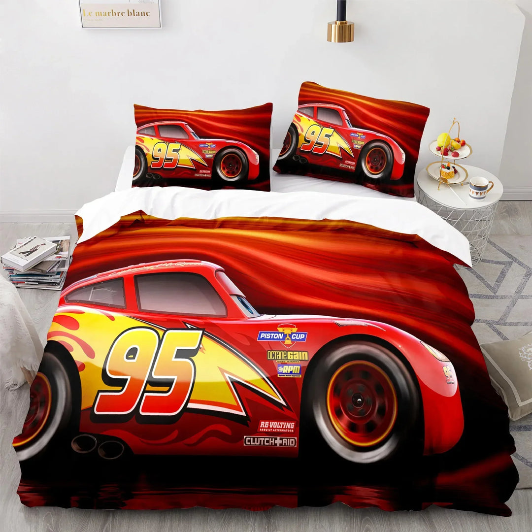 Complete kids' bedding set featuring Lightning McQueen, perfect for a race car themed bedroom.