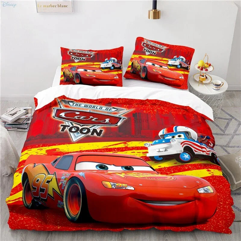 Race car themed polyester bedding set for kids, featuring the popular Cars character.