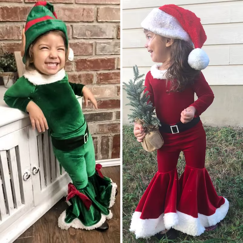 Adorable green Santa Claus costume for children, featuring hat, jacket & pants, great for unique Christmas photos.