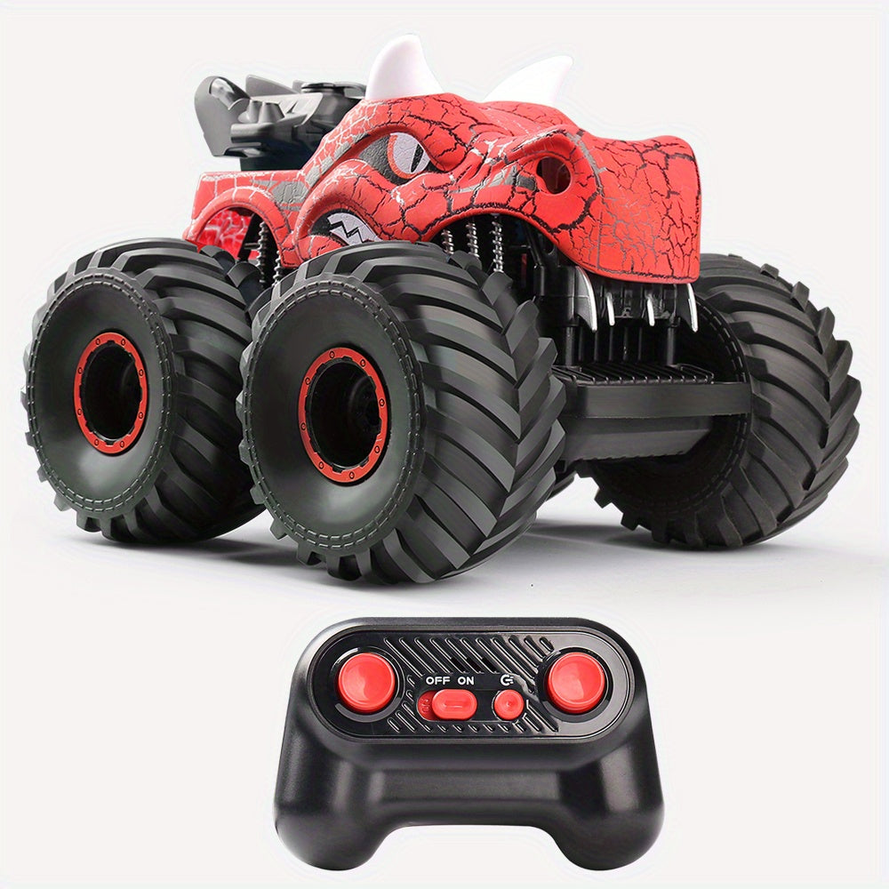 Kids DinoBlaze RC stunt monster truck with realistic smoke and LED lights.