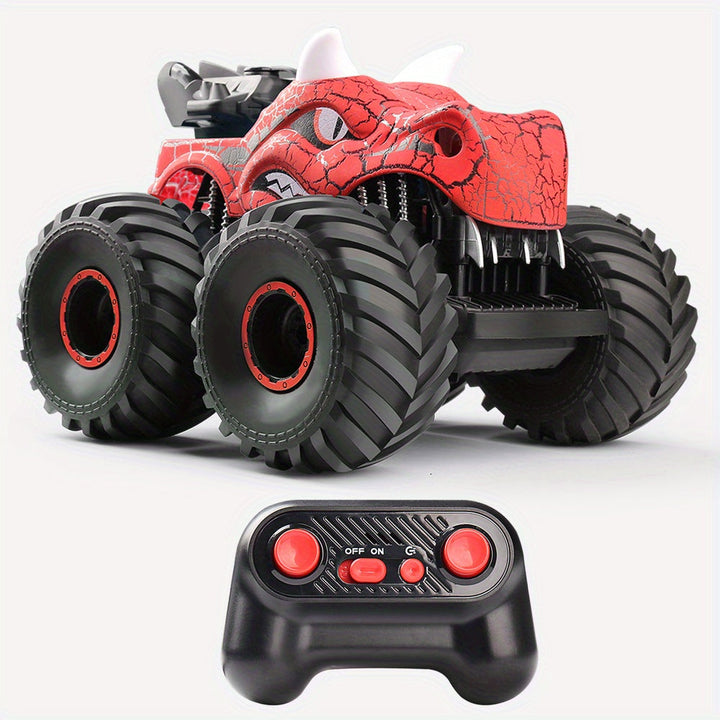 Kids DinoBlaze RC stunt monster truck with realistic smoke and LED lights.