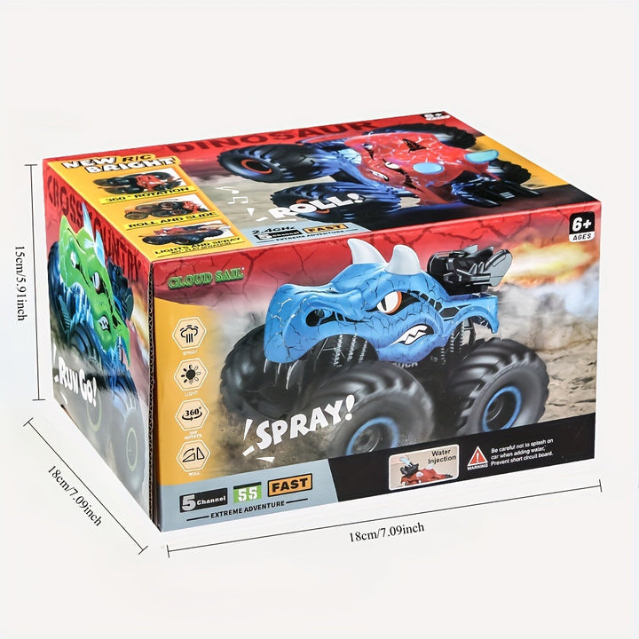 Close-up of the DinoBlaze RC dinosaur toy truck, showcasing its rugged design.