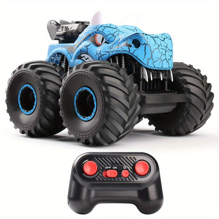Action shot of the remote control monster truck performing a stunt with smoke effects.