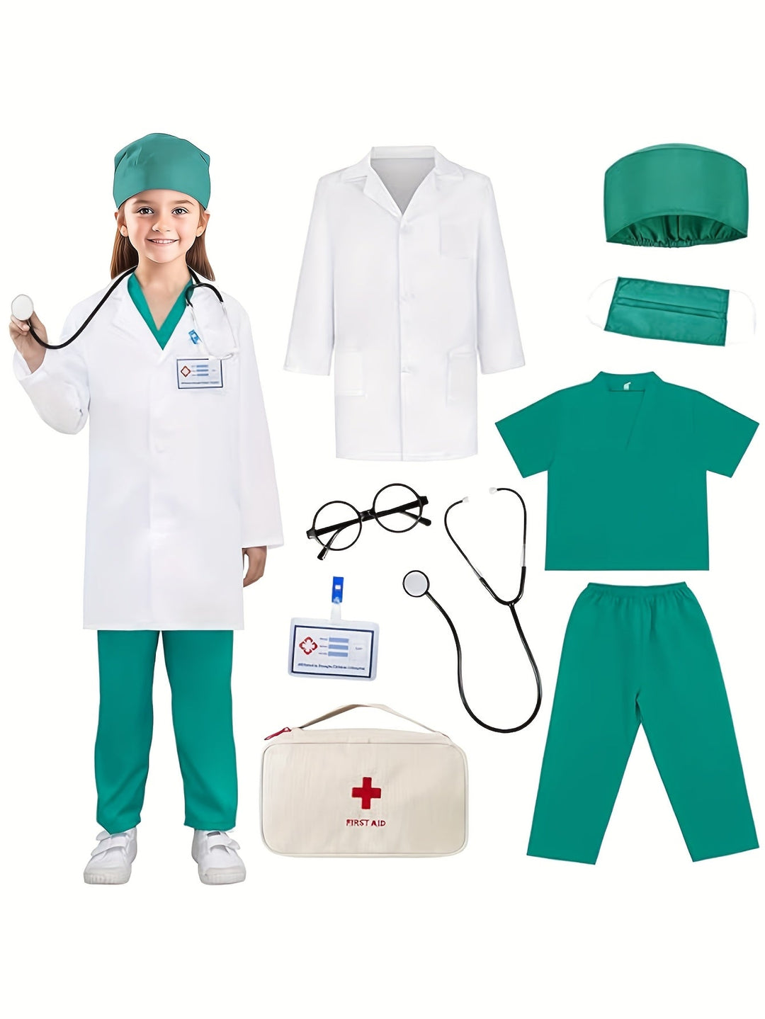 Kids doctor costume set with pink scrubs, stethoscope, and medical tools for pretend play.