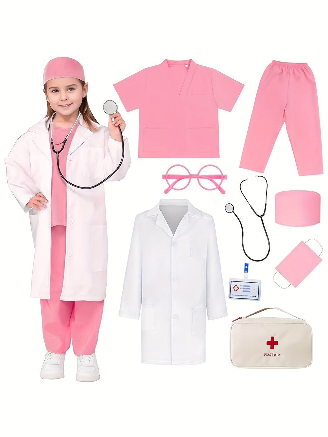 Children's 9-piece doctor uniform with green scrubs, first aid bag, and stethoscope for roleplay.