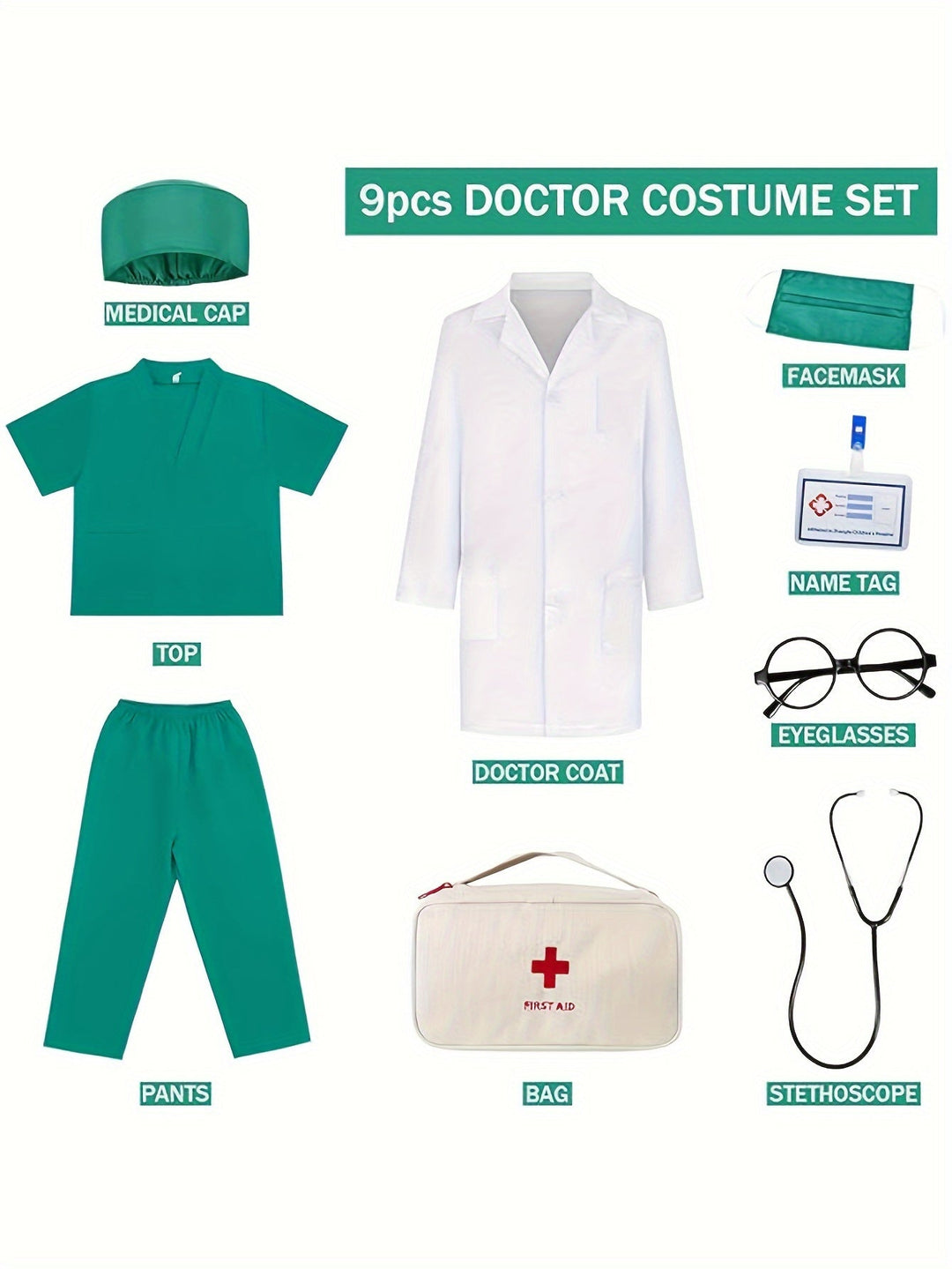 Toddler doctor dress-up costume featuring pink scrubs, toy stethoscope, and medical accessories.