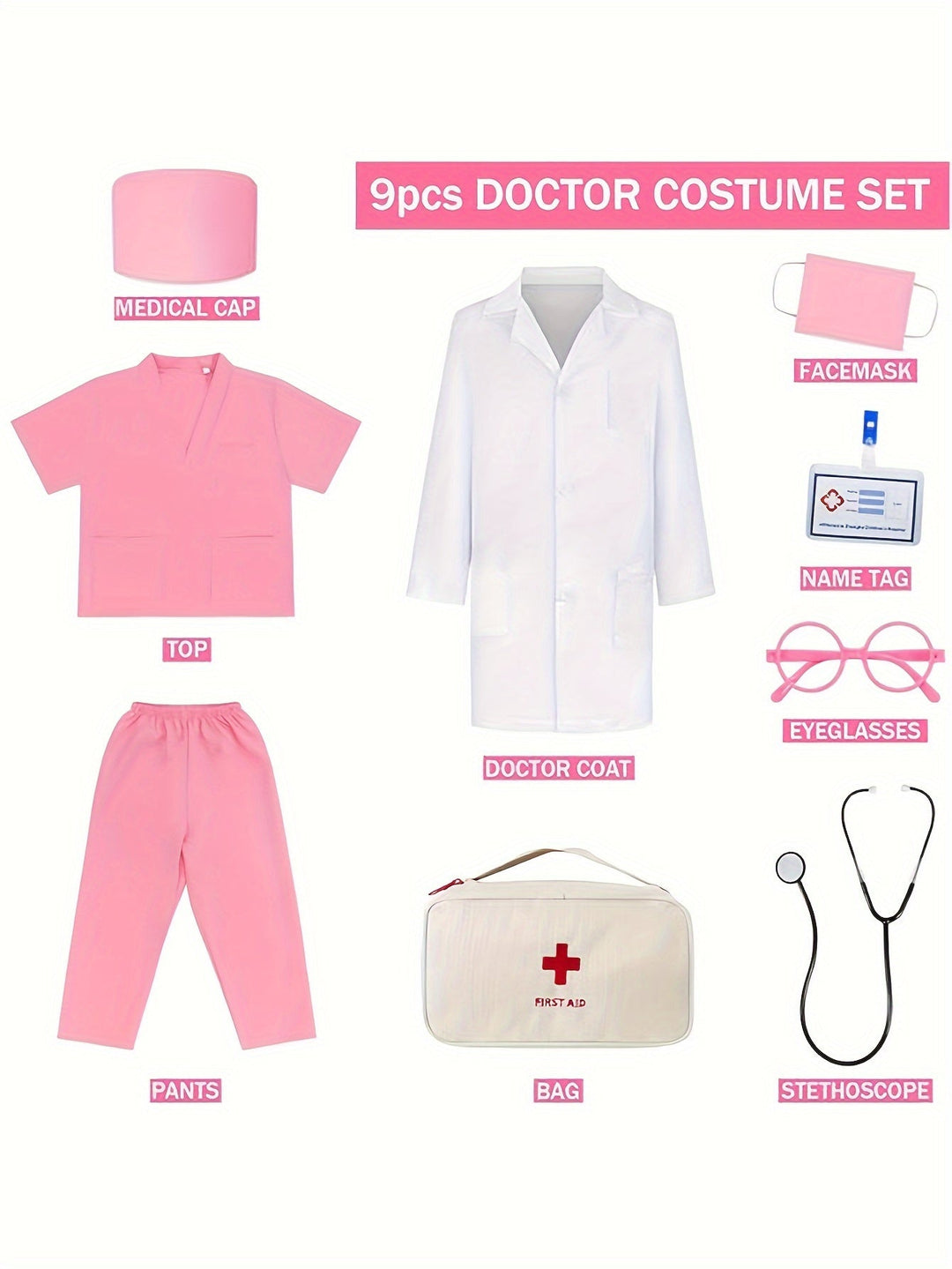 Fun kids medical kit with green doctor scrubs, toy instruments, and first aid bag for imaginative play.