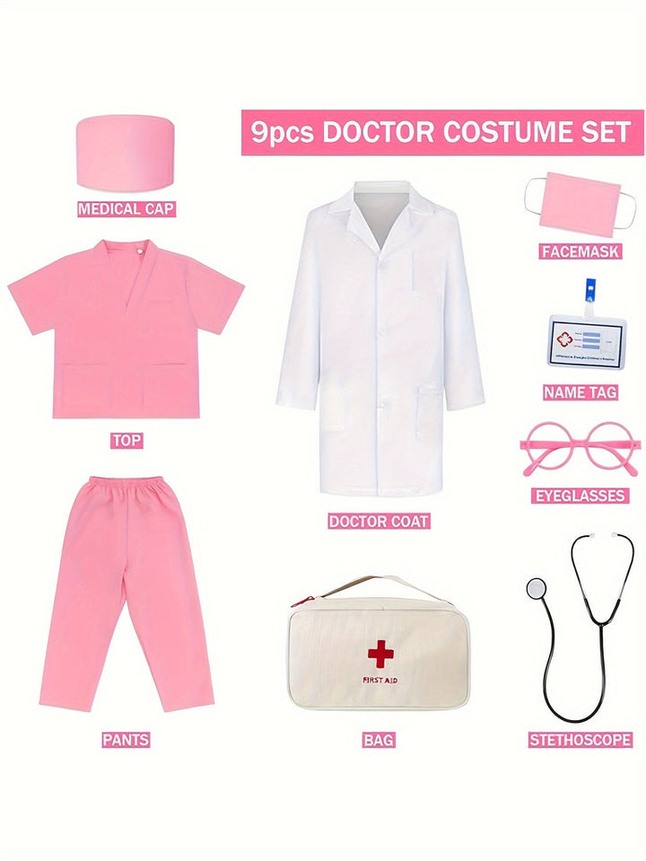 Fun kids medical kit with green doctor scrubs, toy instruments, and first aid bag for imaginative play.