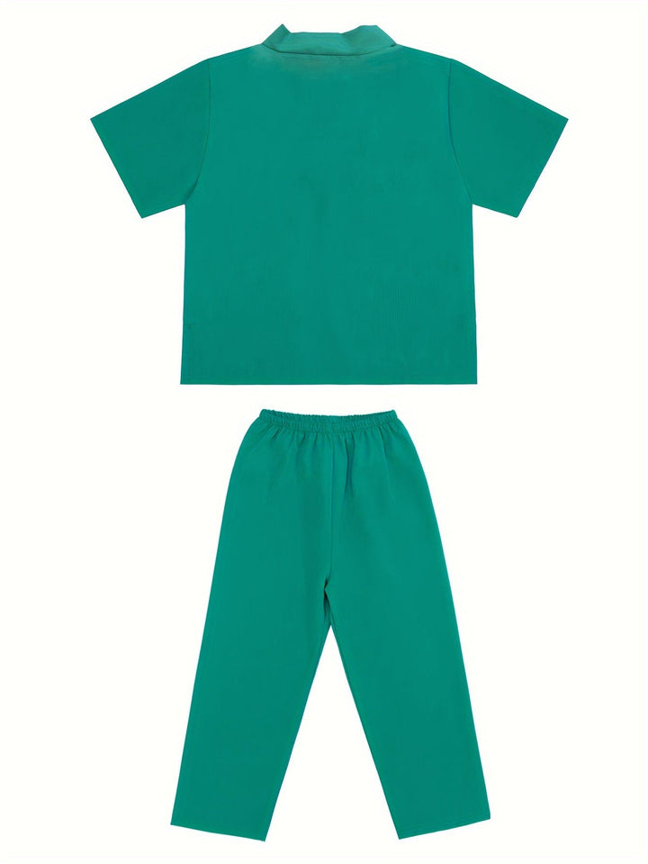 Pink and green kids doctor costume set; perfect for Halloween, dress-up, and pretend medical emergencies.