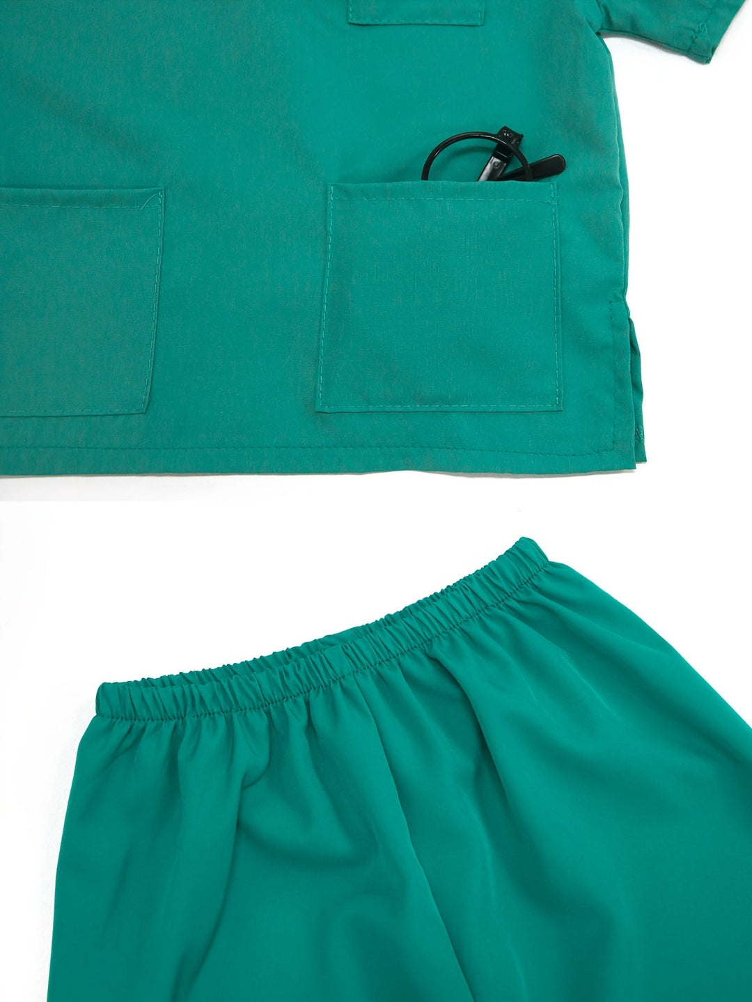 Complete children's doctor uniform with green scrubs, a stethoscope, and other medical play tools.
