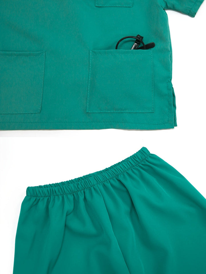 Complete children's doctor uniform with green scrubs, a stethoscope, and other medical play tools.