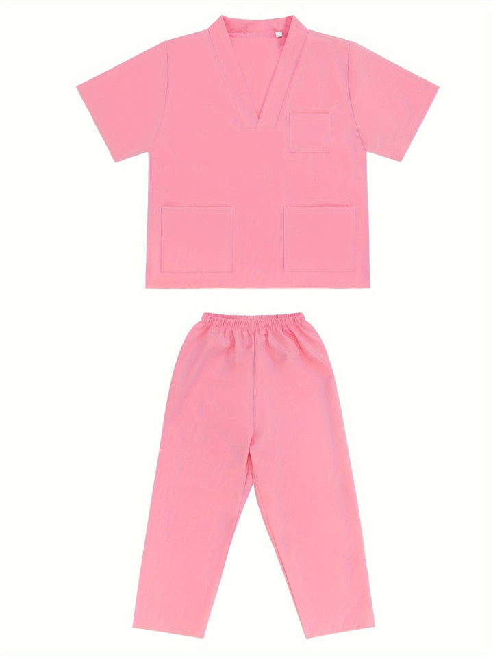 Delightful kids pretend play doctor costume set with pink scrubs, first aid bag, and toy medical tools.