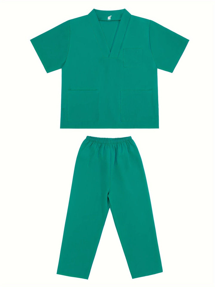 Educational 9-piece kids doctor costume featuring colorful scrubs, stethoscope, and medical kit.
