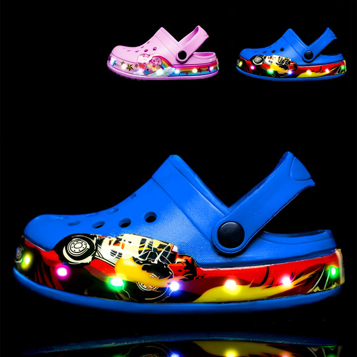 Kids' glow-in-the-dark clogs, perfect for outdoor fun and bedtime adventures.