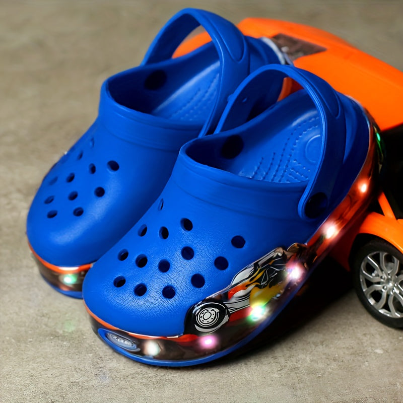 Side view of vibrant kids' clogs that glow in the dark, offering easy slip-on style.