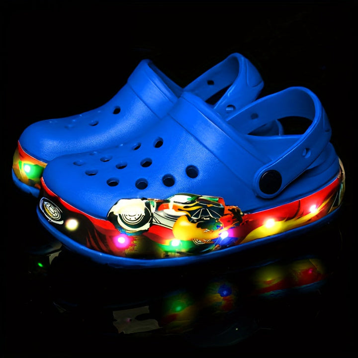 Kids' summer footwear: comfortable, breathable clogs with a magical glow-in-the-dark feature.