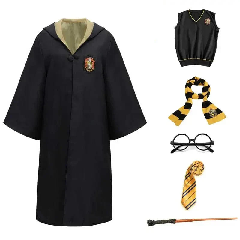 Kids Hogwarts wizard robe set with wand and glasses, perfect for Harry Potter fans.