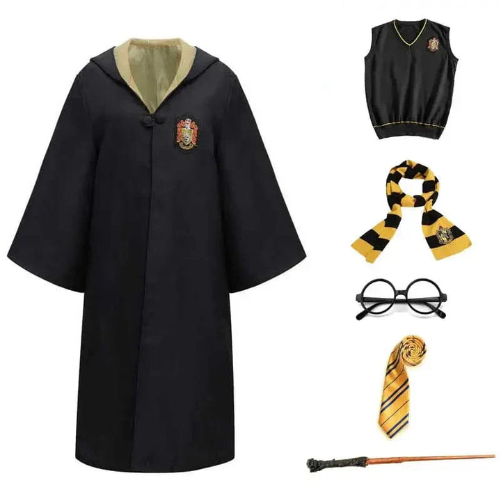 Kids Hogwarts wizard robe set with wand and glasses, perfect for Harry Potter fans.