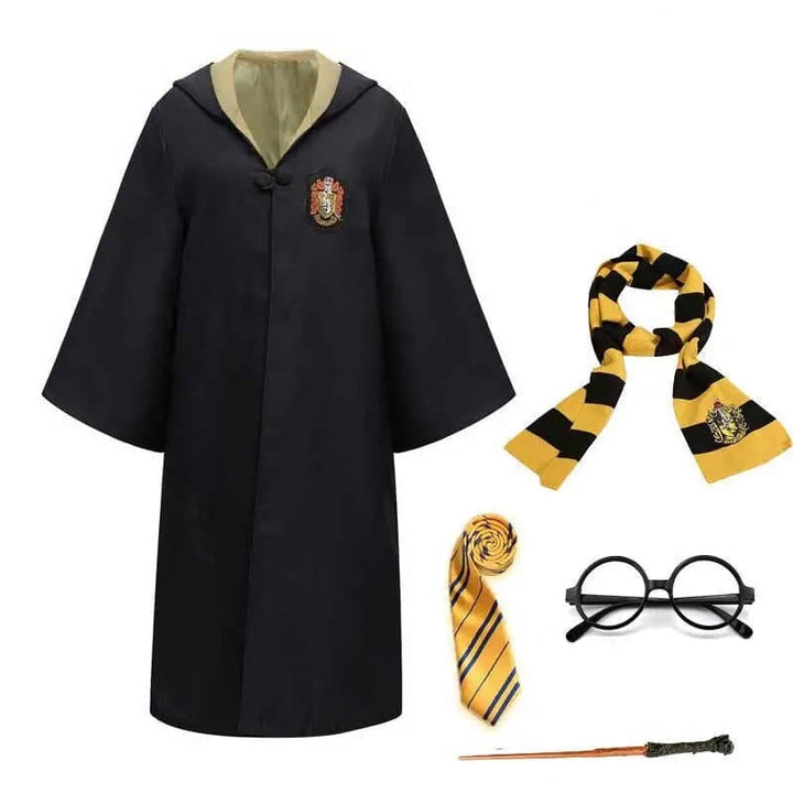 Complete kids' wizarding set with a Hogwarts robe, tie, and magical accessories.